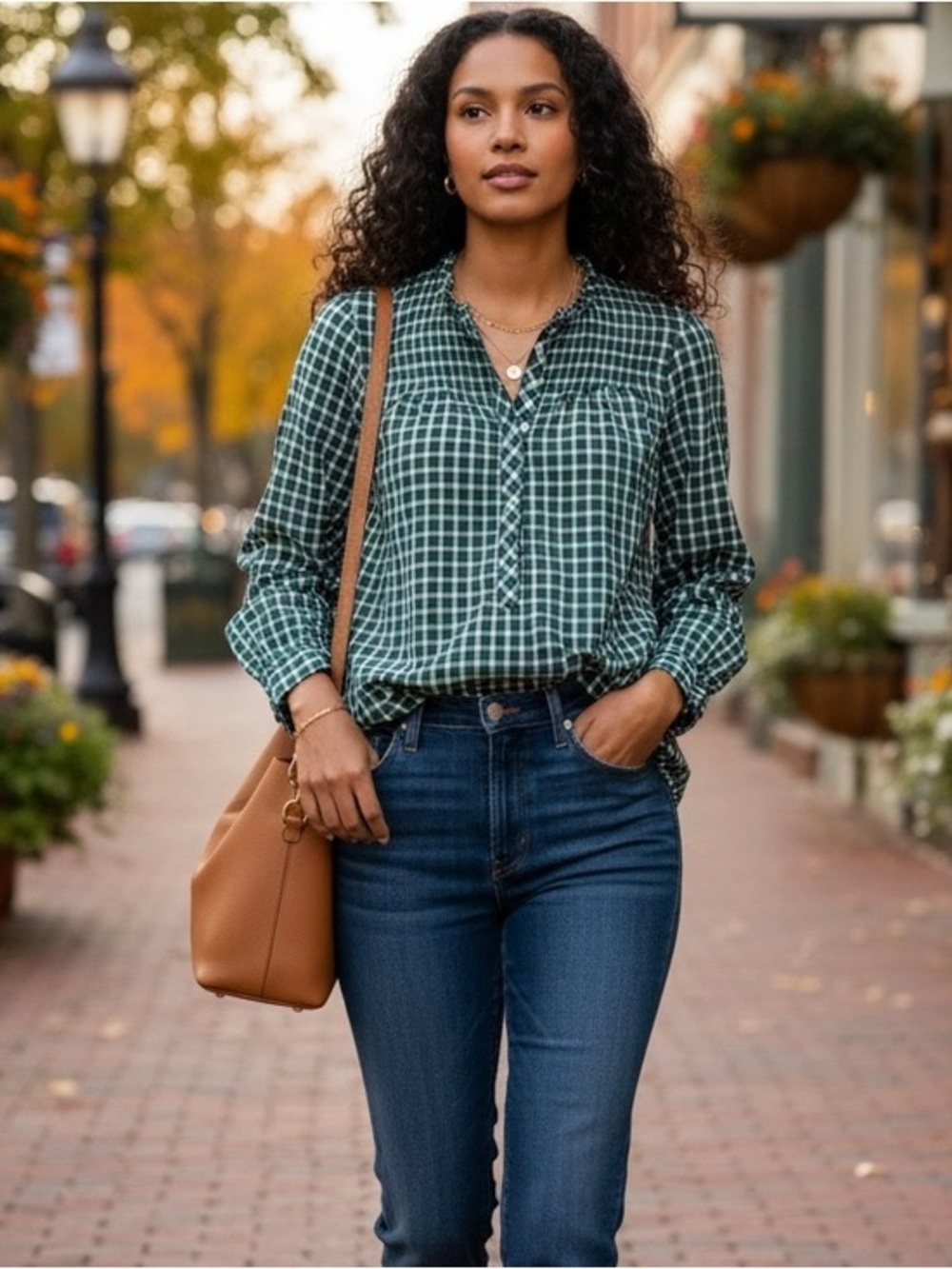 🍀 J.Crew Green Gingham Ruffle Neck Popover Blouse Size 6